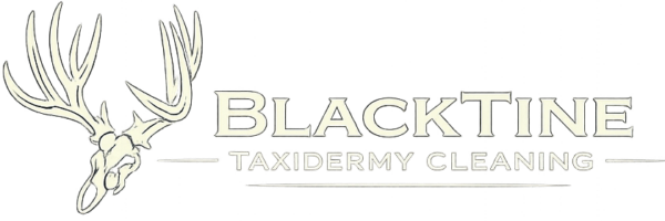 BlackTine Taxidermy Cleaning Horizontal logo with white mule deer skull